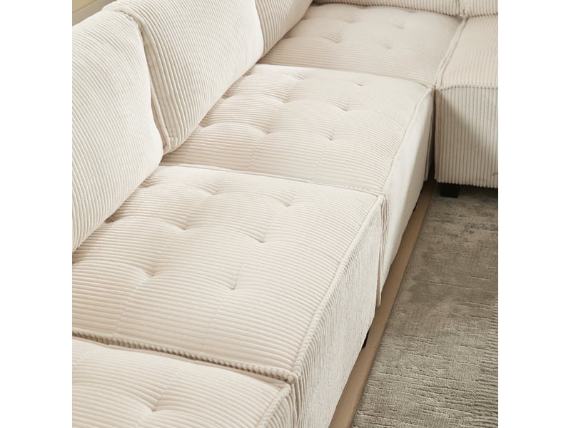  Canapé modulable 6 places beige en velours côtelé, convertible en u ou l, avec poches latérales, pour le salon  - Conforama D