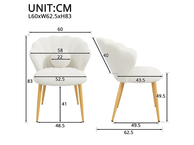 Lot de 4 chaises de salle à manger 60x62,5x83 cm, dossier coquillage, coussins ronds, tissu teddy, blanc - Conforama C