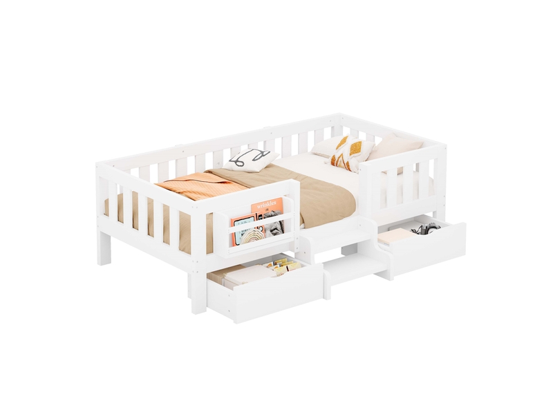  Lit enfant 90x200 cm avec 2 tiroirs, bibliothèque, escalier d’accès, barrière de sécurité et sommier à lattes, bois, pour chambre d’enfant - blanc  - Conforama A