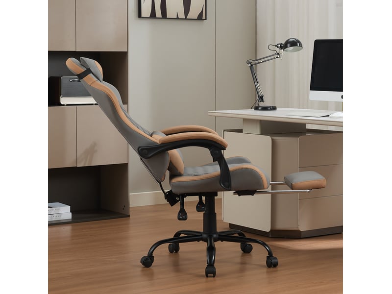  Fauteuil gaming et bureau inclinable 135° gris et marron avec repose-pieds  - Conforama D