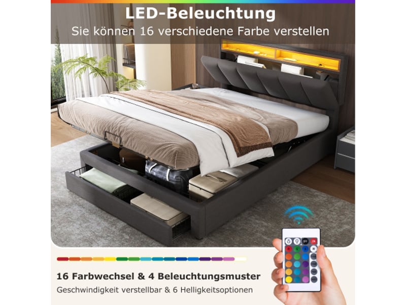  Lit coffre 160x200 cm gris avec led, tête escamotable, tiroirs, cadre acier et lin  - Conforama D