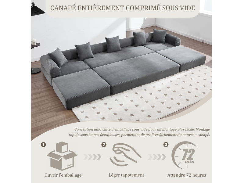  Canapé d'angle 4 places moderne 270x180x64 cm, modulable à volonté, poches, rangement, velours côtelé gris foncé  - Conforama W