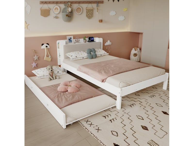  Lit gigogne 120x200 cm avec tête de lit rembourrée en bois blanc  - Conforama C