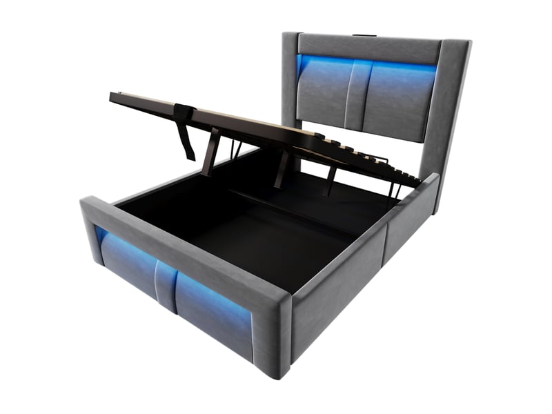  Lit coffre enfant 90x200 cm avec rangement hydraulique, led pilotable, ports usb et type-c, velours, gris, sans matelas  - Conforama D