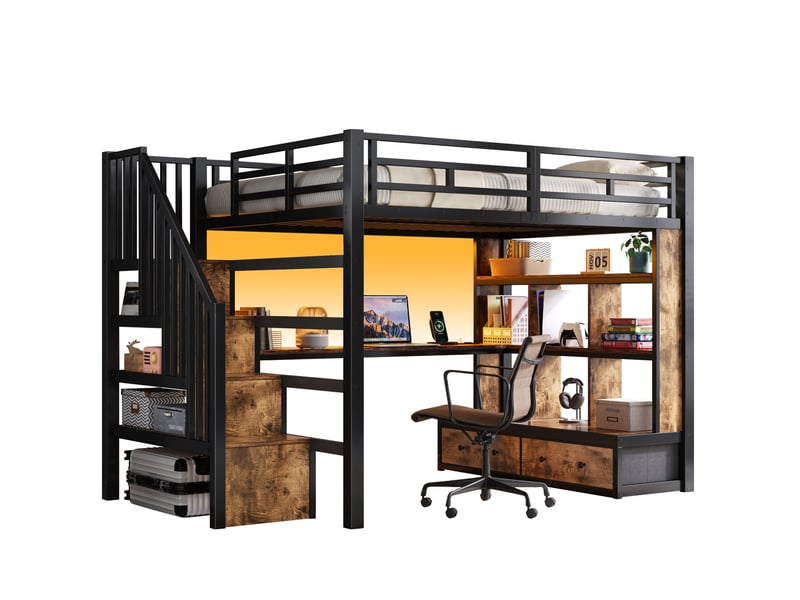  Lit mezzanine 140x200 avec bureau, étagères, tiroirs intégrés et escalier de rangement en mdf et métal noir  - Conforama A
