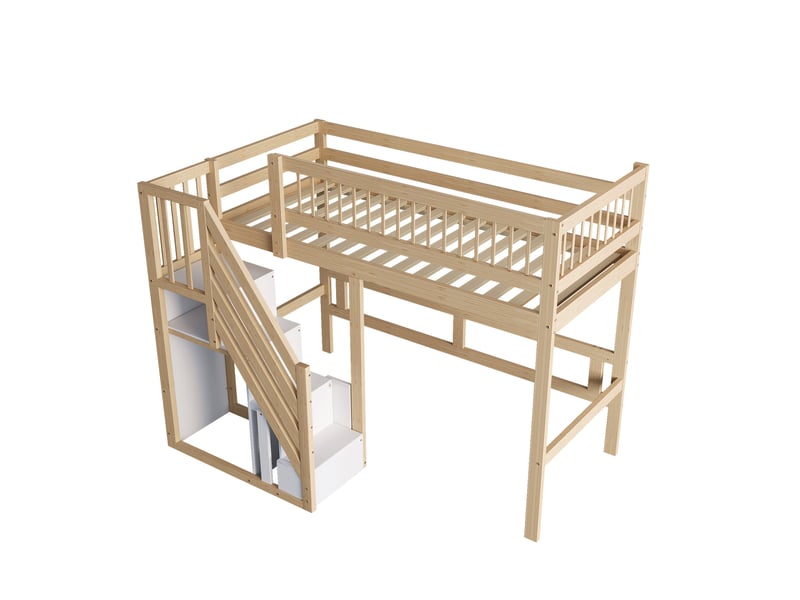  Lit mezzanine bois massif avec armoire intégrée, lit enfant avec escalier sécurisé, lit 90x200 bois naturel pour optimiser l'espace.  - Conforama E