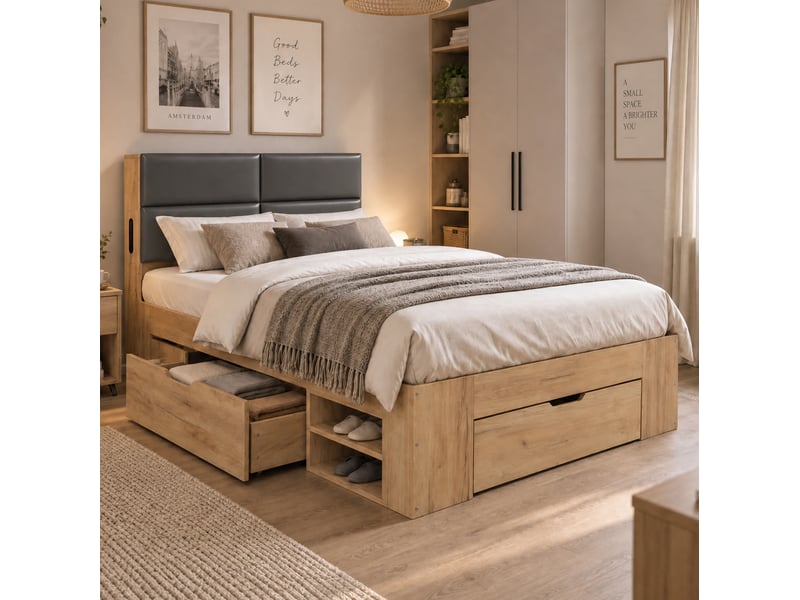  Lit avec rangement 90x200 cm naturel, veilleuse et ports usbusb-c  - Conforama B