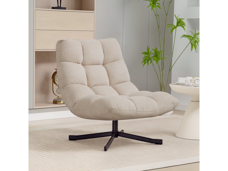  Fauteuil salon sans accoudoirs, chaise pivotante en tissu chenille, assise large, 75 x 95 x 90 cm, crème  - Conforama A