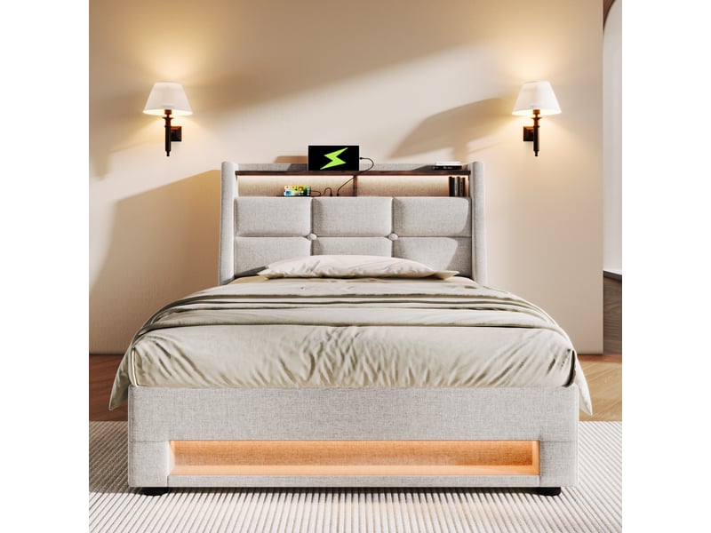  Lit simple enfant 90x200 cm – beige clair – coffre relevable, led et ports usb avec sommier métal robuste  - Conforama B