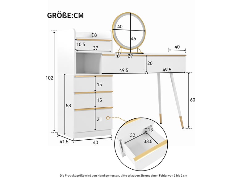  Coiffeuse moderne 102x99x41,5 cm avec miroir led dimmable, 6 tiroirs et poignées dorées, panneau de particules, blanc  - Conforama C