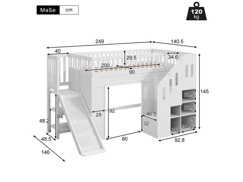  Lit mezzanine enfant, 90x200 cm, avec toboggan, escalier aménagé, led, matelas non inclus, pin et mdf, coloris blanc  - Conforama C