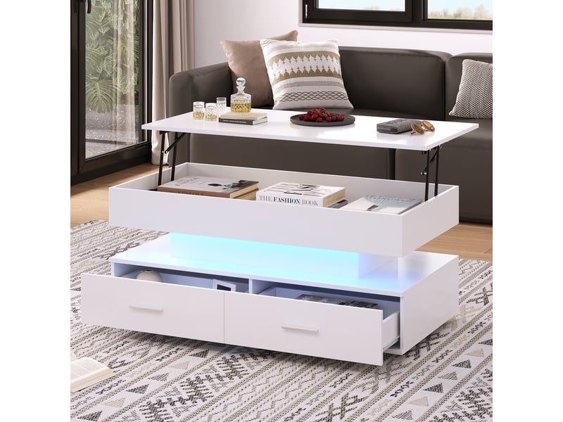Table basse relevable avec 2 tiroirs, niche ouverte et éclairage led commandé par bluetooth pour salon, 100×50×44 cm - Conforama C
