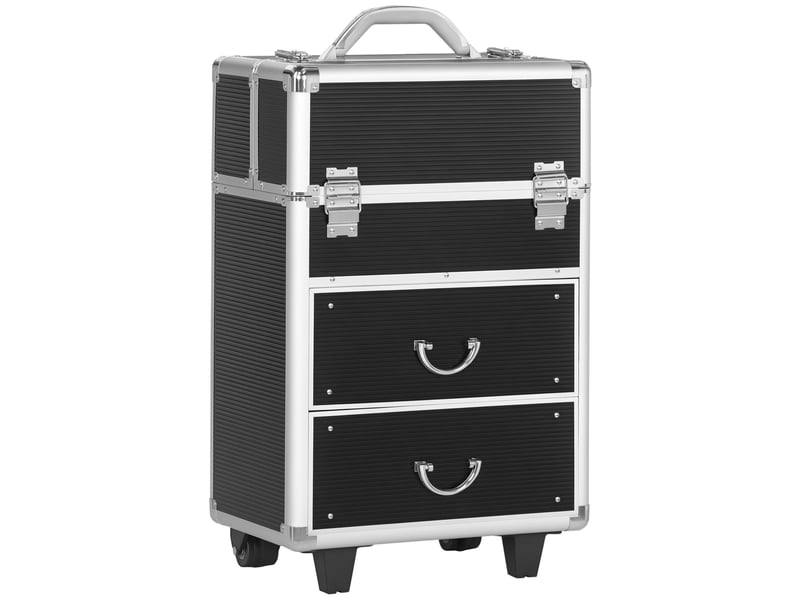  Valise trolley maquillage mallette cosmétique vanity poignée télescopique réglable 36l x 23l x 58h cm alu abs noir  - Conforama A