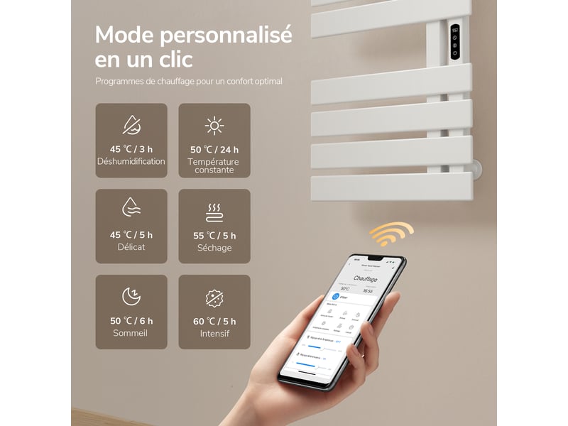 Sèche-serviettes électrique intelligent emke 1000 x 500 mm 320w, radiateur salle de bain connecté wifi, blanc - Conforama D