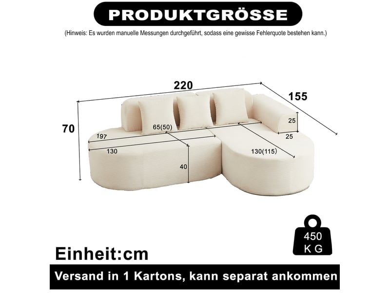 Canapé d'angle en l à méridienne incurvée avec 3 coussins en velours côtelé beige, 220 × 155 × 70 cm - Conforama D