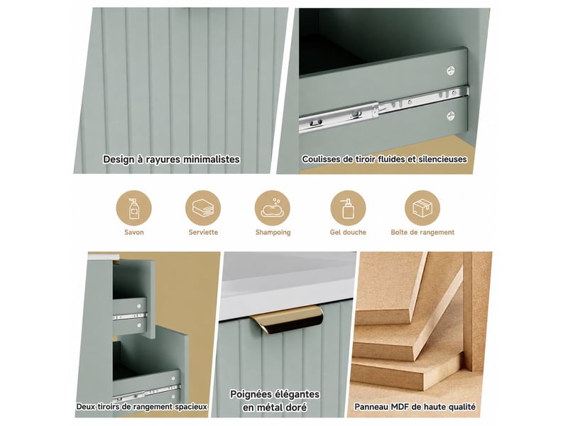  Meuble vasque suspendu vert menthe 61 cm avec 2 tiroirs et lavabo intégré  - Conforama D