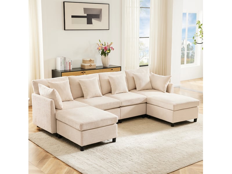 Canapé modulable ulevr 6 places convertible en u ou l, 278 x 161 cm, tissu chenille beige, 2 poufs et 6 coussins - Conforama B