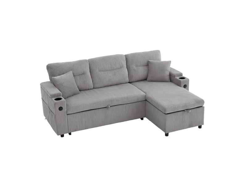 Canapé 3 places modenvie avec chaise longue hydraulique, lit tiroir 2 personnes, rangement, porte-gobelets et usb-c, velours côtelé gris clair 212,5 x 136 x 86 cm  - Conforama A