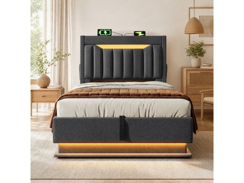  Lit coffre 90x200 cm gris en lin avec led, usb et usb-c  - Conforama C