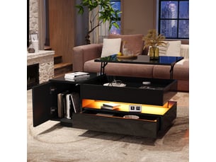 Table basse relevable avec 1 tiroir et 1 placard et led, rangement caché, laqué noir, 95×50×40 cm - uvrion