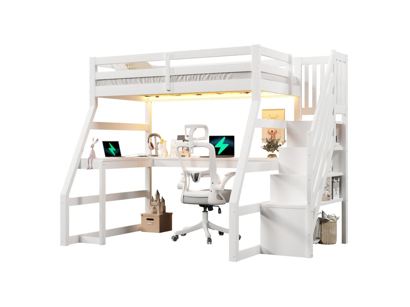  Lit mezzanine 90x200 cm blanc, avec bureau l, led, usb, escalier de rangement 3 compartiments, sommier inclus, sans matelas  - Conforama A