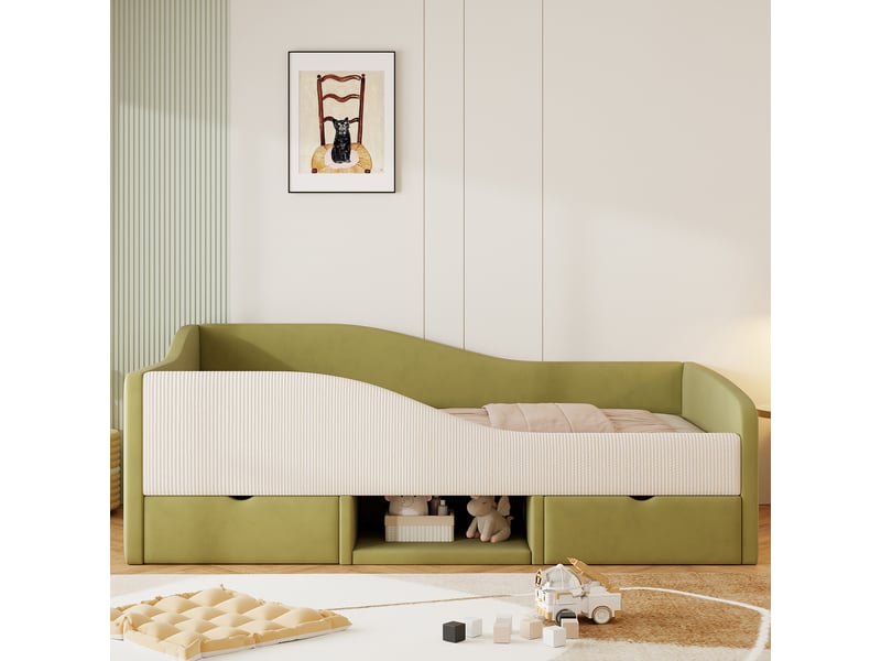  Canapé-lit 90x190 cm avec deux tiroirs et barrière de sécurité, cadre de lit adulte, lit simple en velours, vert foncé + crème  - Conforama C