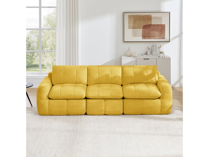 Canapé droit, canapé modulaire 3 places sans cadre, housse chenille ergonomique, base antidérapante, coussins épaissis, sans montage, jaune - Conforama B