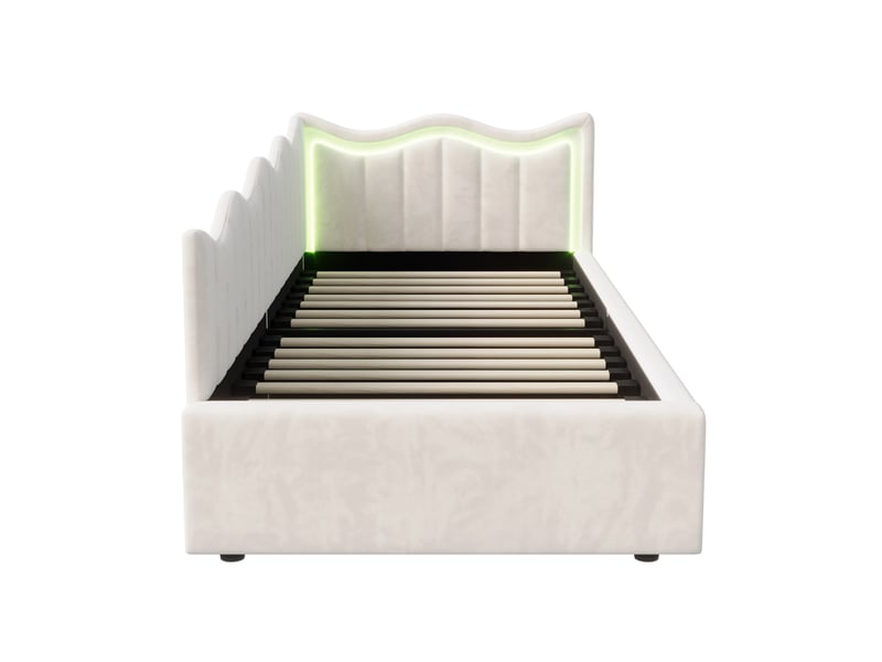  Lit coffre 1 place 90x200 cm, lit enfant avec rangement, led, design moderne, en velours blanc cassé, sans matelas  - Conforama W