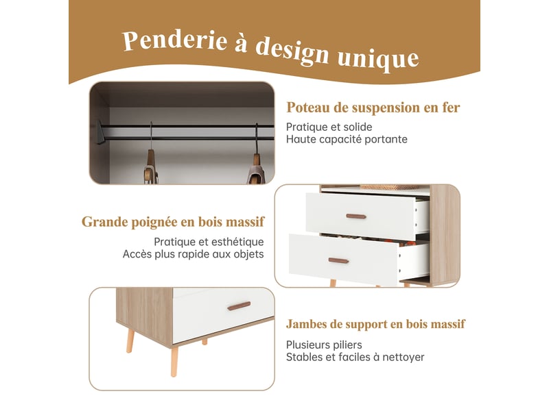 Armoire enfant 80x46x141,5 cm - penderie ouverte, 2 tiroirs, poignées en bois, blanc et bois naturel - Conforama D