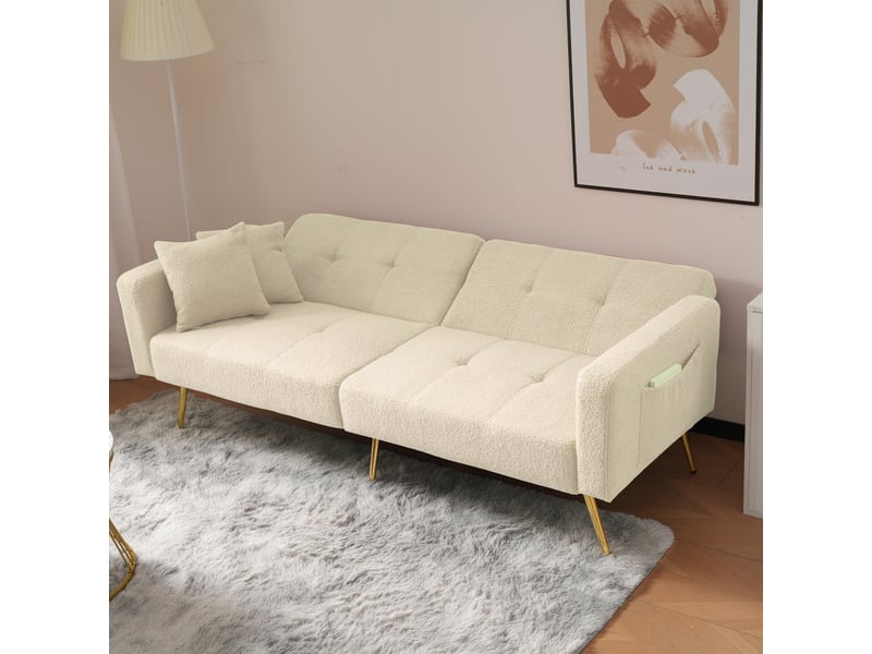Canapé 2 places en peluche d’agneau,canapé-lit pliant réglable - pieds en métal + poches de rangement - 2 coussins - 175x64x72cm - beige 175x64x72cm - Conforama W