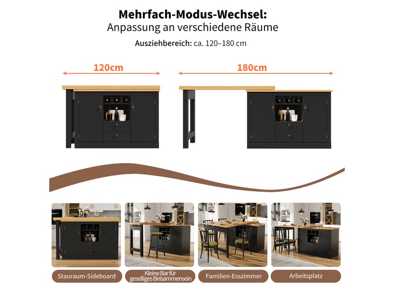  Table de bar extensible avec plateau pivotant 360°, rangement intégré et casier à vin, 120–180 x 40 x 76 cm, noir  - Conforama D