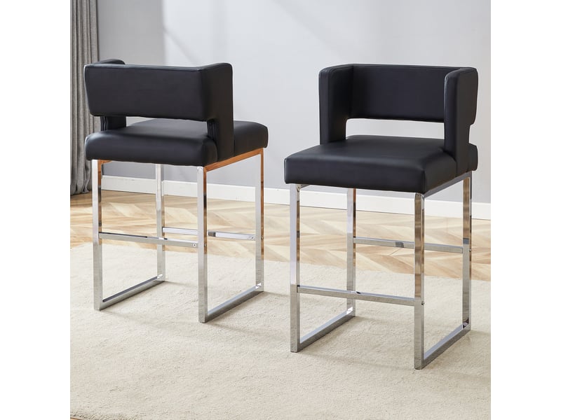 Lot de 2 tabourets de bar 49.5x41.4x91.4cm – design carré moderne et confortable avec sièges en cuir - pieds en métal argenté - noir  - Conforama D