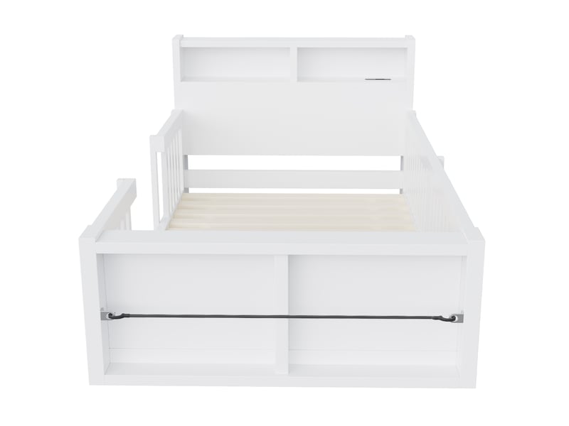  Lit enfant 90 × 190 cm 1 place avec barrières hautes, usb, veilleuse et rangement, sans matelas, en bois blanc  - Conforama E