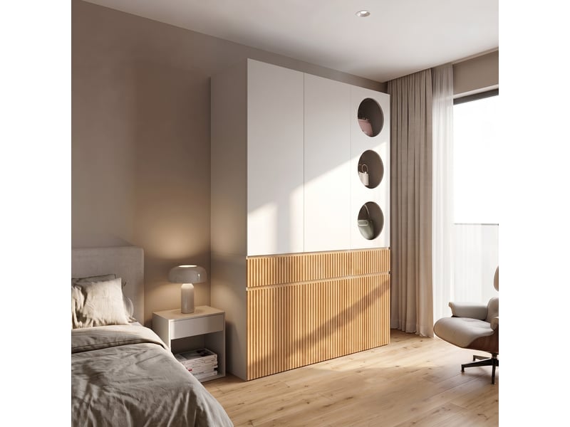  Armoire chambre 135x50x200 cm, avec 6 portes et 2 tiroirs, grand meuble de rangement moderne, en mdf, gris et naturel  - Conforama C