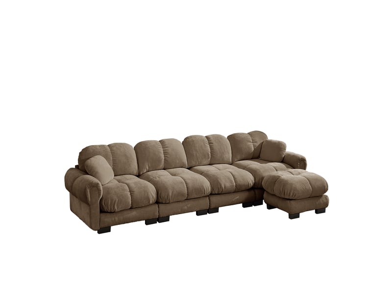  Canapé d’angle 4 places modulable 330x149x90 cm, canapé salon séjour familial avec ottomane déplaçable, chenille, marron  - Conforama A