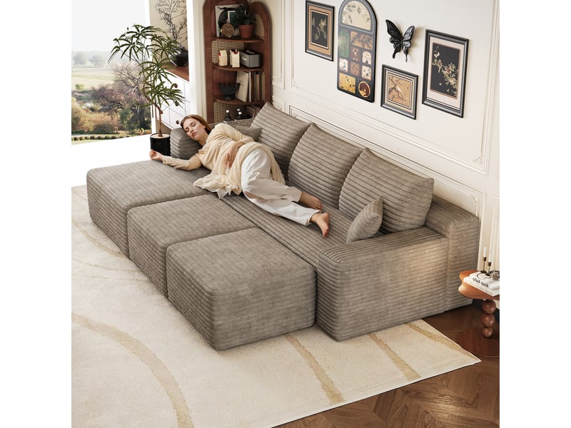  Canapé d'angle modulaire 3 places avec 2 poufs 241 x 151 x 58 cm, assise profonde, design nuage, livré monté, velours côtelé, chameau Bliss Lite - Conforama B