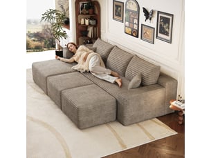Canapé d'angle modulaire 3 places avec 2 poufs 241 x 151 x 58 cm, assise profonde, design nuage, livré monté, velours côtelé, chameau