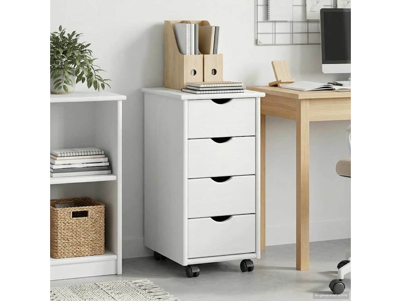  Caisson roulant de bureau, meuble de rangement 34 x 39 x 65,5 cm bois de pin massif blanc  - Conforama C