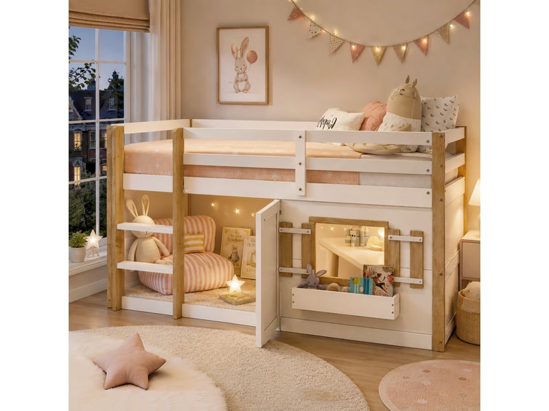  Lit mezzanine enfant 200×90 cm avec échelle et espace de jeu sous le couchage, avec sommier, sans matelas, blanc  - Conforama C
