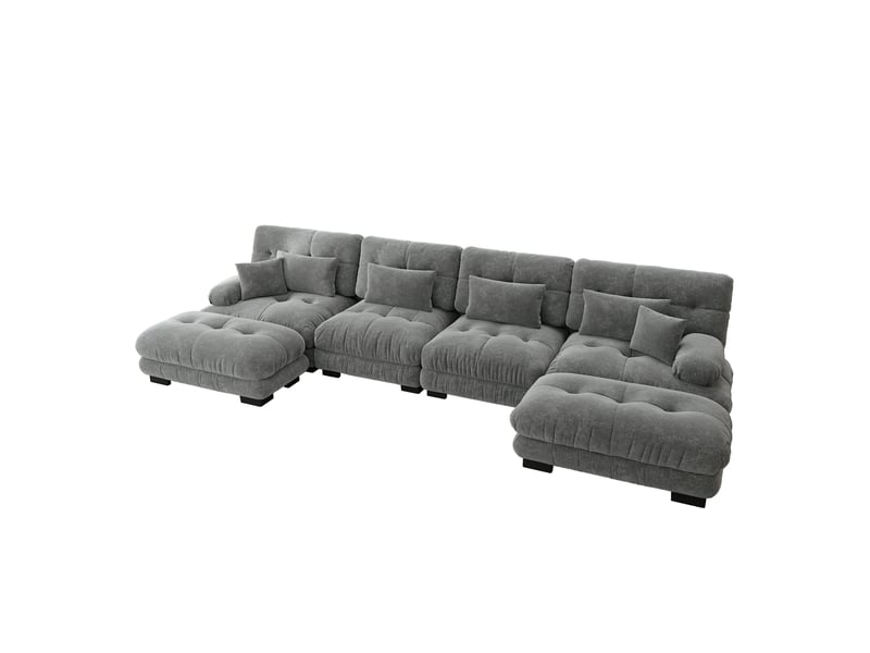Canapé modulaire 4 places avec ottomans mobiles et assise profonde, composition en u ou d'angle, en chenille grise - Conforama A