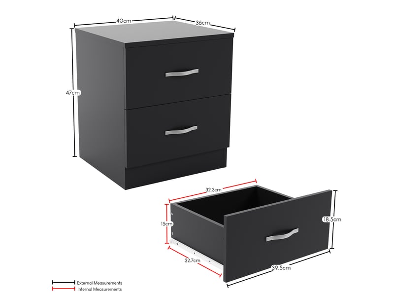  Table de chevet riano, commode de nuit, chambre, 47x40x36cm, set de 2, 2 tiroirs, noir 3332397 - Conforama D