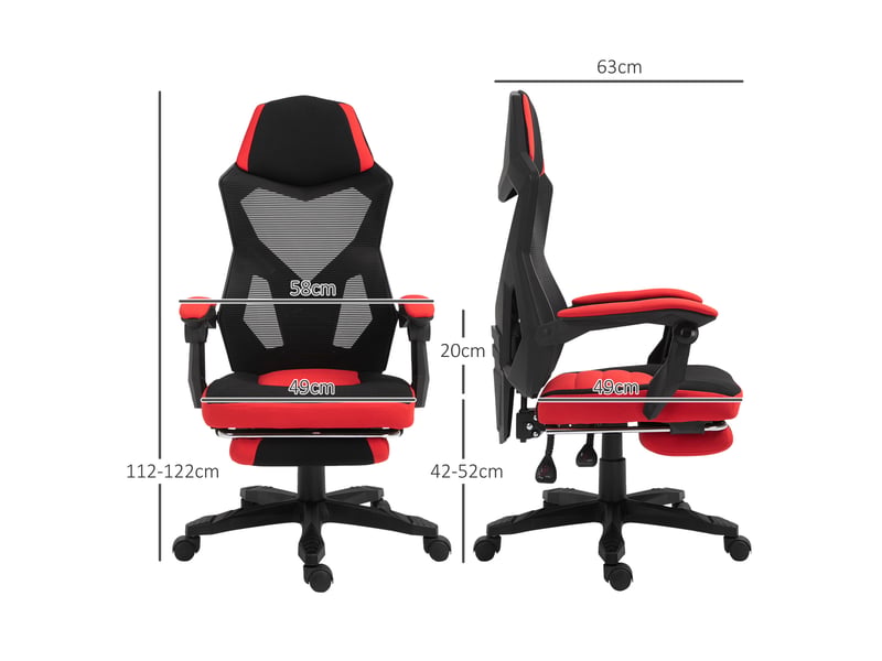 Fauteuil gaming ergonomique réglable avec repose-pieds – noirrouge – 58×72×112–122 cm – bureau et gaming  - Conforama C