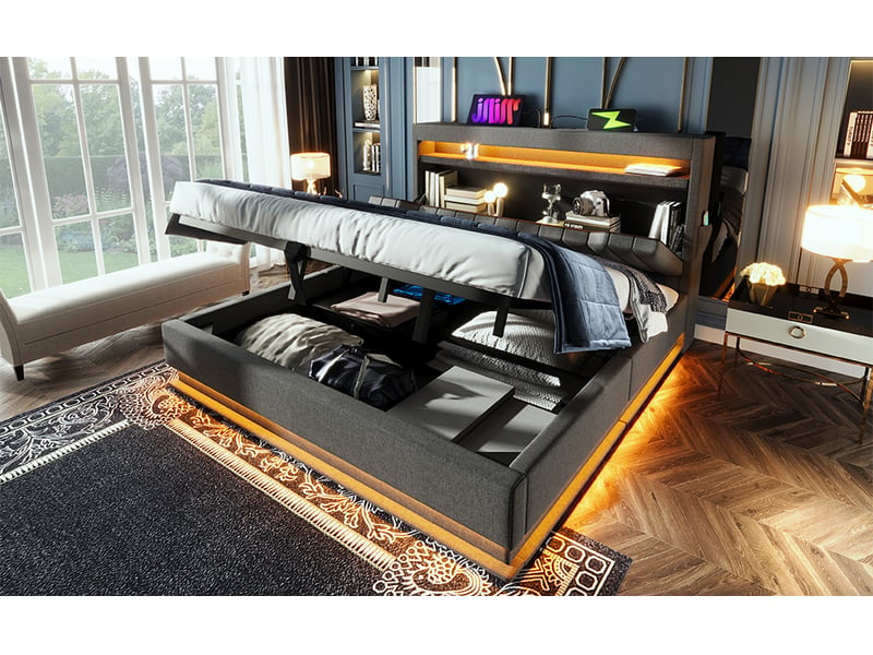 Lit coffre rembourré 160×200cm, tête de lit avec rangement, ports usb, led, tissu lin, lit double, sans matelas, gris - Conforama B