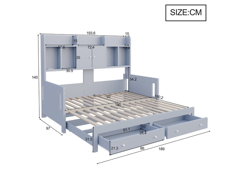 Canapé-lit extensible 90/180x190 cm avec rangements, led et prise, gris, sans matelas  - Conforama C