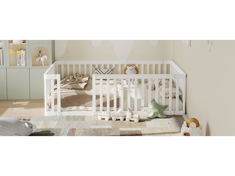  Cadre de lit enfant en pin 90x200 avec barrière semi-fermée, blanc  - Conforama D