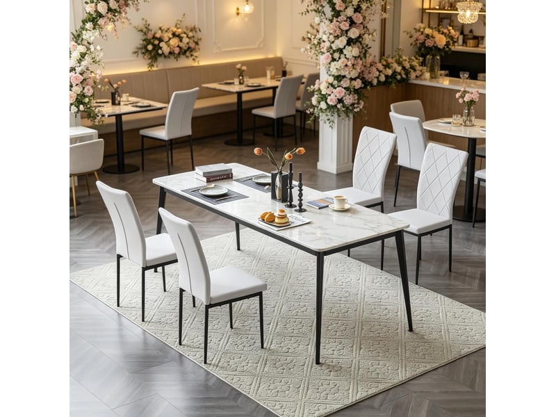 Chaise de salle à manger lot de 4 à dossier haut rembourré avec patins antidérapants en simili cuir et métal noir et blanc - Conforama D