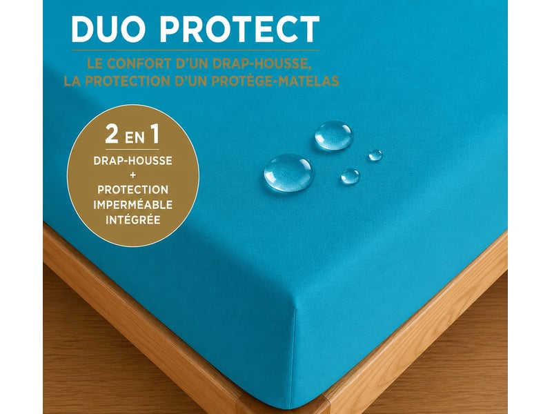  Drap housse 2 en 1 imperméable 90 x 190 cm coton 57 fils duo protect cyan CP-DHDUOPROTECT90-CYAN - Conforama B