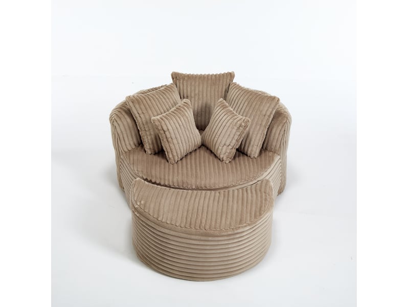  Fauteuil de lecture rond fixe en velours côtelé camel et marron avec repose-pieds, 5 coussins, pour le salon  - Conforama A