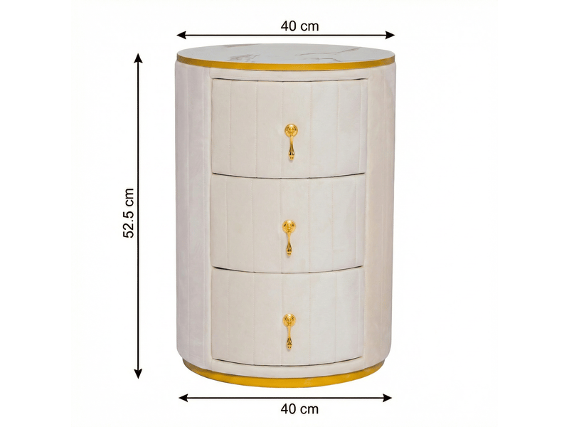  Table de chevet ronde 40x40x52,5 cm, 3 tiroirs, plateau effet marbre, velours blanc et métal doré  - Conforama C