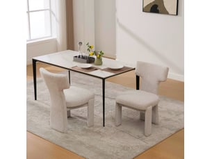 Lot de 2 chaises de salle à manger en chenille beige, sans accoudoirs, dossier incurvé et pieds en bois d’hévéa